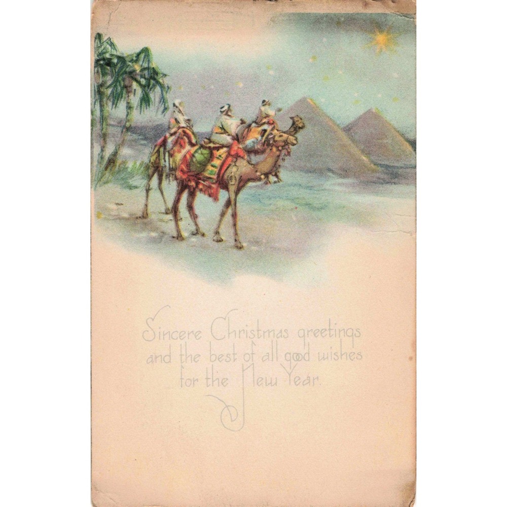 Vintage 1919 Christmas Postcard Egypt Pyramids Camels Trenton NJ Postmark Stamp - Picture 1 of 2